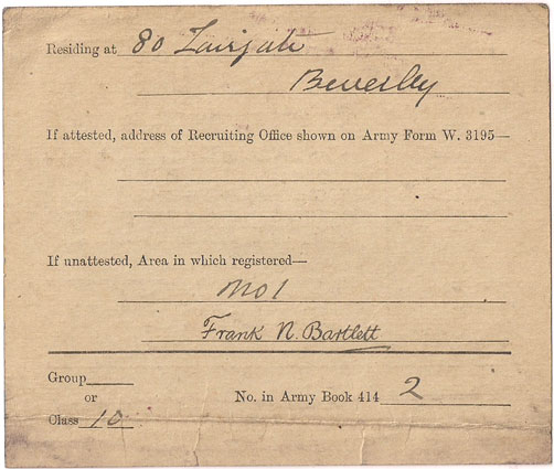 Frank Neville Bartlett's certificate of exemption from military service, 